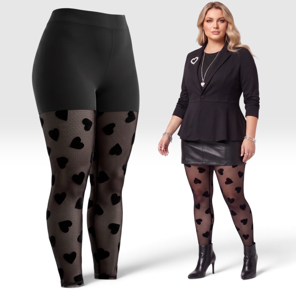 TORRID Black Hearts Flocked Mesh Leggings w/Attached Black Shorts NWT Size 1X